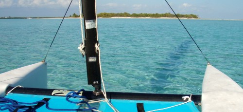 One of Blacktip Island’s new Sail-n-Rail carriages makes its way across the Caribbean island’s West Sound, bypassing the island’s overcrowded roadway.