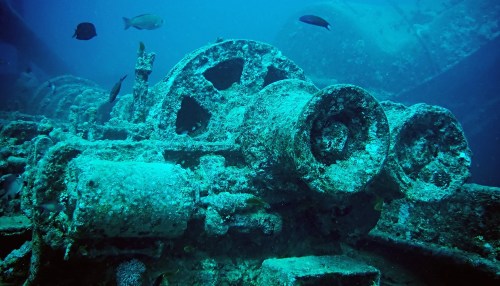 Divemaster Alison Diesel rests recumbent as the Imperial Japanese Navy cruiser Aikoku Maru during the dress rehearsal for Doris Blenny’s absurdist scuba drama, “Waiting For Cousteau.” (Photo courtesy of Woodym555)